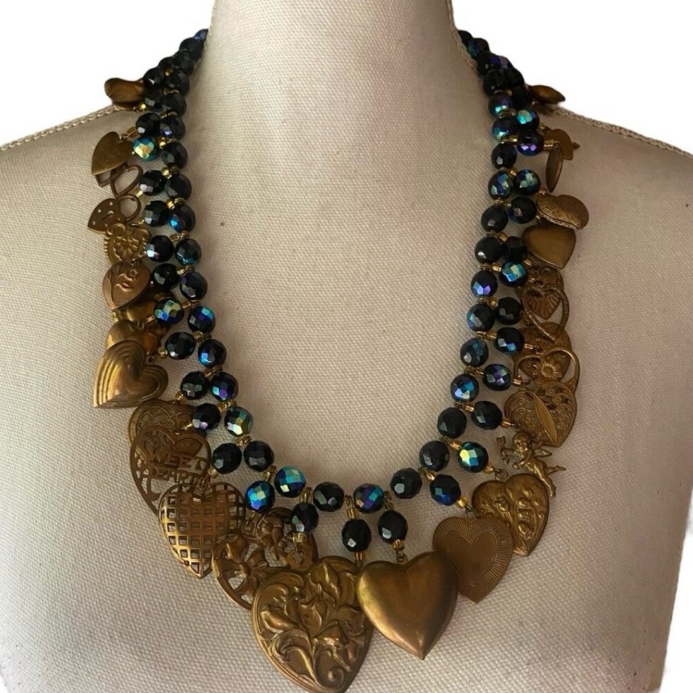 💛 Vintage Gold and Black Heart Charms Necklace